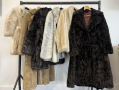Five faux fur vintage coats to include two Glenn Models comprising a long coat in chocolate brown