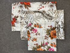 Two pairs and a single 1970s fibreglass curtains, a pale grey ground with floral and foliate designs