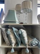 Collection of vintage pastel blue and beige cotton homeware to include two lamps with striped shades