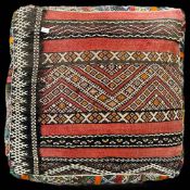 A 20th century handmade Kilim flatweave wool floor cushion having a geometric zig zag woven design