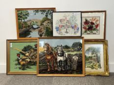 A group of six 20th century vintage cross stitch embroideries with a country side theme featuring