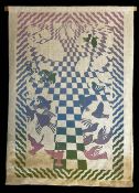 A vintage circa. 1960s-1970s op-art wood block print using dusty pink, blue and green gradient