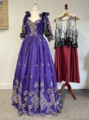 Two vintage womens evening outfits comprising an Emanuel London ball gown in purple 100% silk with