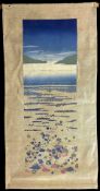 A circa. 1960s-1970s Japanese style wood block print on linen ground, depicting a high-angle view of