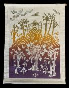 A circa. 1960-1970s vintage screen or woodblock print in orange, green and purple colour gradient on