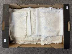 Assorted antique and 20th century vintage linen and crochet textiles, to include linen table cloth