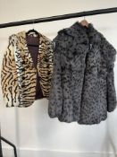 A luxury fine French rabbit fur jacket in slate blue grey with brown Dalmatian spots and zig-zag
