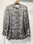 A Hao Teng Chinese silk jacket in silver grey with interwoven dragon and clouds pattern, measures