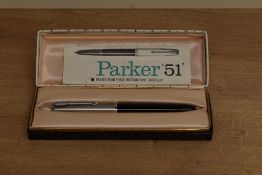 A boxed Parker 51 aerometric fill fountain pen in Black with a lustraloy cap. Circa 1955. Engraved