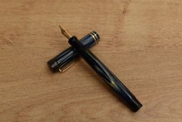 A Parker True Blue short button fill fountain pen with two bands to a Flat Top having Parker Lucky
