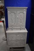 A painted Jacobean revival style cabinet with drawers under, dimensions approx. Height 144 Width