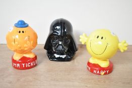 Two vintage Mr Men ceramic money boxes, to include Mr Tickle and Mr Happy; sold with a Lucasfilm