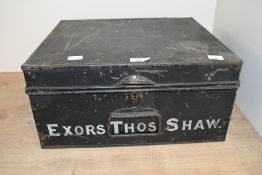 A late 19th to early 20th-century metal document box, featuring a black painted finish with