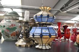 Two vintage Tiffany-style table lamps, featuring blue and cream shades of dodecagonal form upon