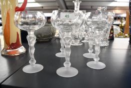 Five mid 20th-century Bayel Crystal-style figural champagne coupes, having moulded frosted 'Venus'