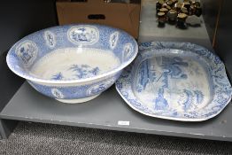 A large 19th-century blue and white 'Florentine China' pearlware bowl; sold with a large Spode