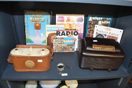 A selection of early 20th-century radio ephemera, to feature a Crosley deep brown bakelite table