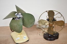 Two early to mid 20th-century desk fans, to feature a A.C Airflow butter-yellow metal example and an