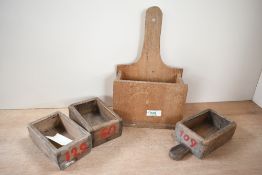 Three small Victorian wooden Welsh slate miners pay boxes, having painted red numbers to each;