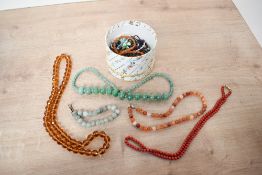 A small assortment of beaded jewellery, including agate, aventurine and paste