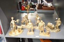 Six vintage brass figurines, to feature two farmers, a miner, a blacksmith and two others, all