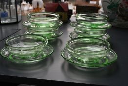 A selection of early 20th-century Art Deco Uranium glass desert bowls with saucers, all unmarked, (