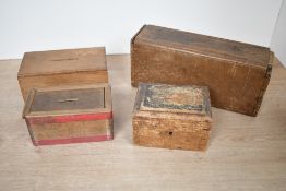 A selection of 20th-century offertury and coin boxes, having slidebale or hinged lids, unmarked, (