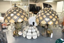 Two vintage British Home Stores Tiffany-style table lamps, featuring cream and clear cabachon shades