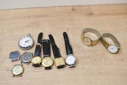 A small assortment of wristwatches and watch faces, including a gold plated Rotary, Seiko, Tissot