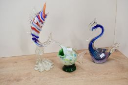 Three vintage Murano-style studio art glass figures, to feature a tall sommerso Marlin with blue,