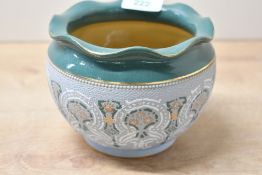 A small Edwardian Lovatt's Langley ware ceramic jardinière, featuring a ruffled green glazed top rim