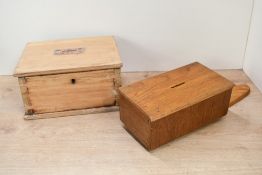 Two mid-20th-century oak ecclesiastical offertory boxes, comprising one handled example, both