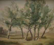 In the manner of John Nash (British 1893-1977) Oil on board, a rural landscape with figures