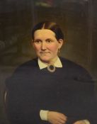 A 19th Century oil on canvas portrait, depicting a woman in dark dress with white collar and gold