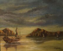 S Young (20th Century) Oil on board, a cove scene with sail boats, signed and dated (1970) lower