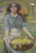 A 20th Century Chromolithograph 'A Spring Dawning', depicting a young woman carrying a basket of