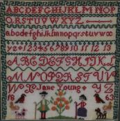 Jane Young (19th Century) Embroidered Sampler, dated 1863, embellished with farming figures and
