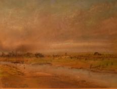 A 19th/20th Century oil pastel landscape, a study of a rural river, signed indistinctly lower