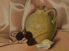 Mary Hodgson (British 20th Century) Acrylic on board still life, a study of a vase, pine cones and