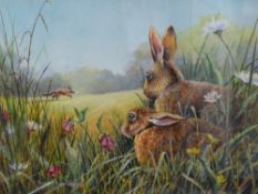 Henry Sowerby (British 20th Century) Acrylic 'Don't Move', a pair of rabbits sheltering from a
