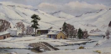 *Local Interest* Monica Barry (British 1917-2014) watercolour, Watendlath, winter scene with snow,