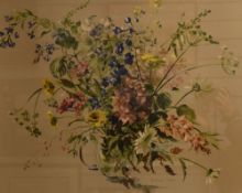After Barbara Gowe (20th Century) Lithograph, a still life study of a vase of vibrant wildflowers,