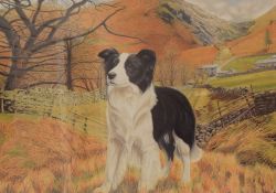 After Ferrier (British 20th Century) Lithograph, a Border Collie in a mountainous valley,
