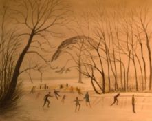 Frederick Anton? (20th Century) Watercolour, a frozen lake with ice skaters, signed in pencil