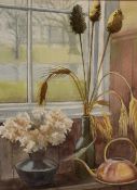 Pat Dyson (British Contemporary) Watercolour, a still life cottage window study with vases of
