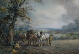 F Thomas (19th/20th Century) Watercolour, a rural harvest and hunting scene, signed lower right,