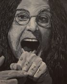 Olly Alcock (British Contemporary) Acrylic on Board 'Ozzy Osbourne', a monochromatic portrait of the