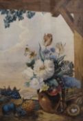 C Whittaker (British 20th Century) Watercolour still life, a study of a vase of flowers and fruit,