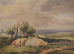 D Cox (British 19th Century) Watercolour, study of a rural campsite, signed lower left, within a