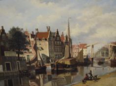 Attributed to Johannes Frederick Hulk Snr (Dutch 1829-1911) Oil on canvas, a Dutch canal scene